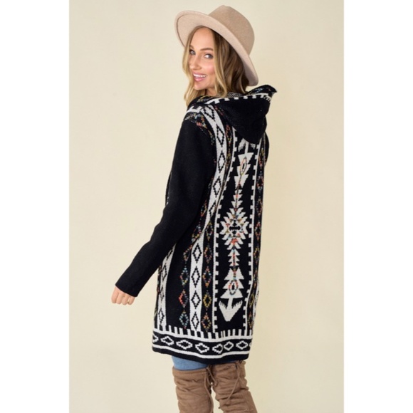 SOLD OUT Black Aztec Rainbow Western Hooded Knit Cardigan Long Sleeve Open - Picture 6 of 8